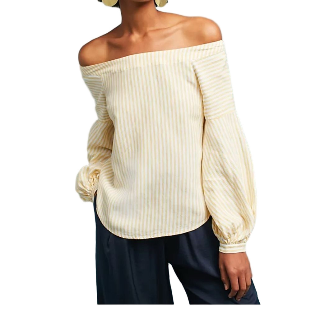 Anthropologie Yellow & White Striped Off-Shoulder Blouse